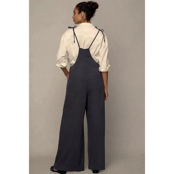 By Anthropologie Linen Wide-Leg Overalls Denim Jumpsuit Solid S - Picture 4 of 5